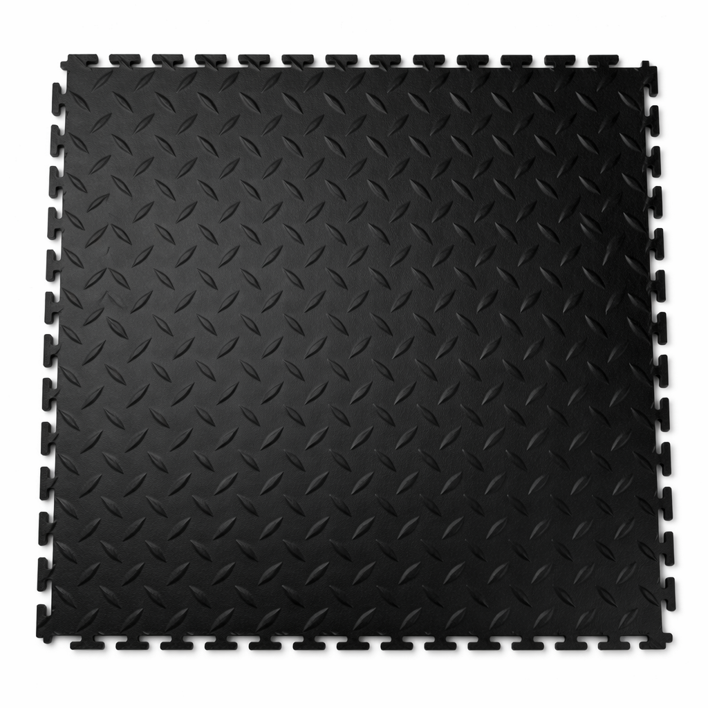 Black interlocking pvc garage floor tile mat on a white background