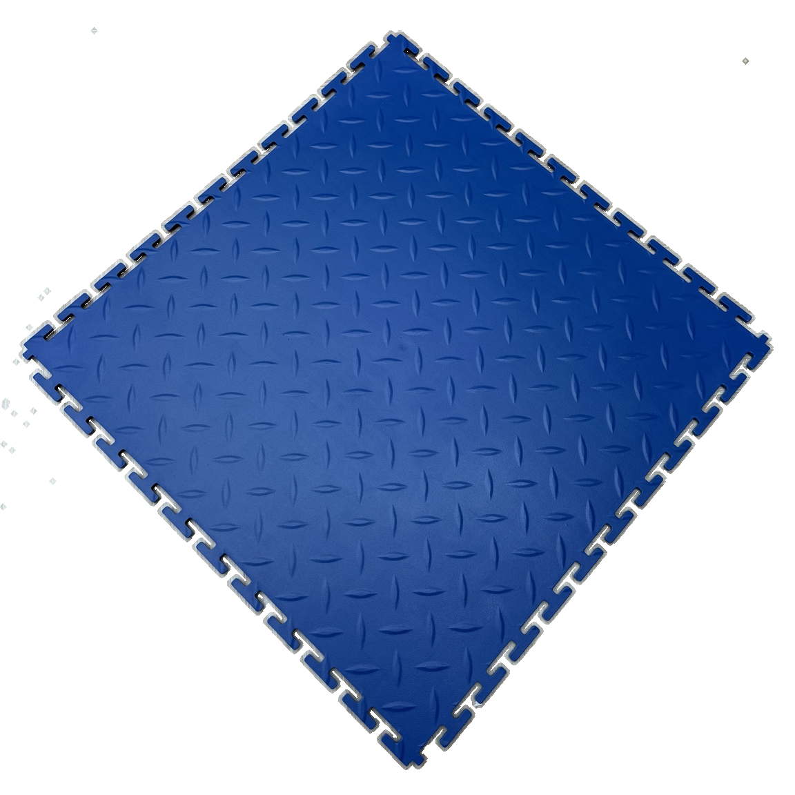 Blue interlocking floor tile on a white background
