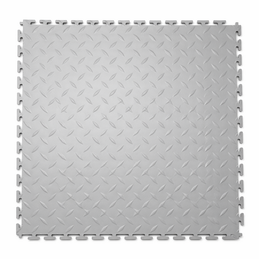 Gray interlocking floor tile on a white background
